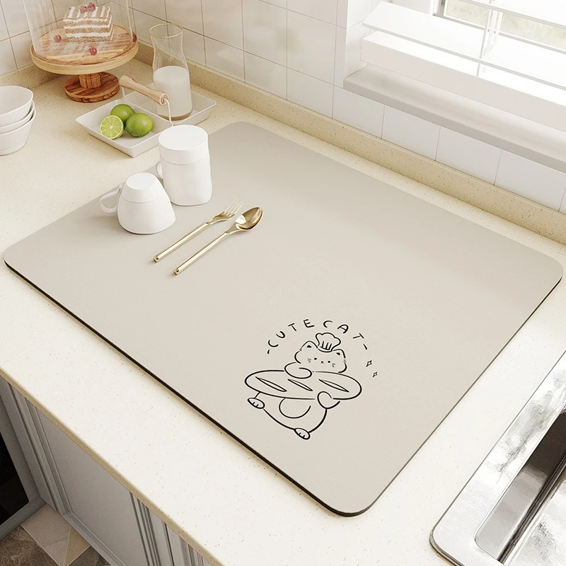 VIKAMA Kitchen Drain Mat Grey Gold Cheese Smile Funny Kitchen Counter Mat Highly Absorbent Fast Drying Anti Skid Flexible