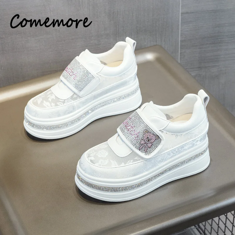 Thick Platform Rhinestone Women White Shoes Fashion Wedge Heels Sneakers Spring Summer Breathable Mesh Comfort Ladies Footwears