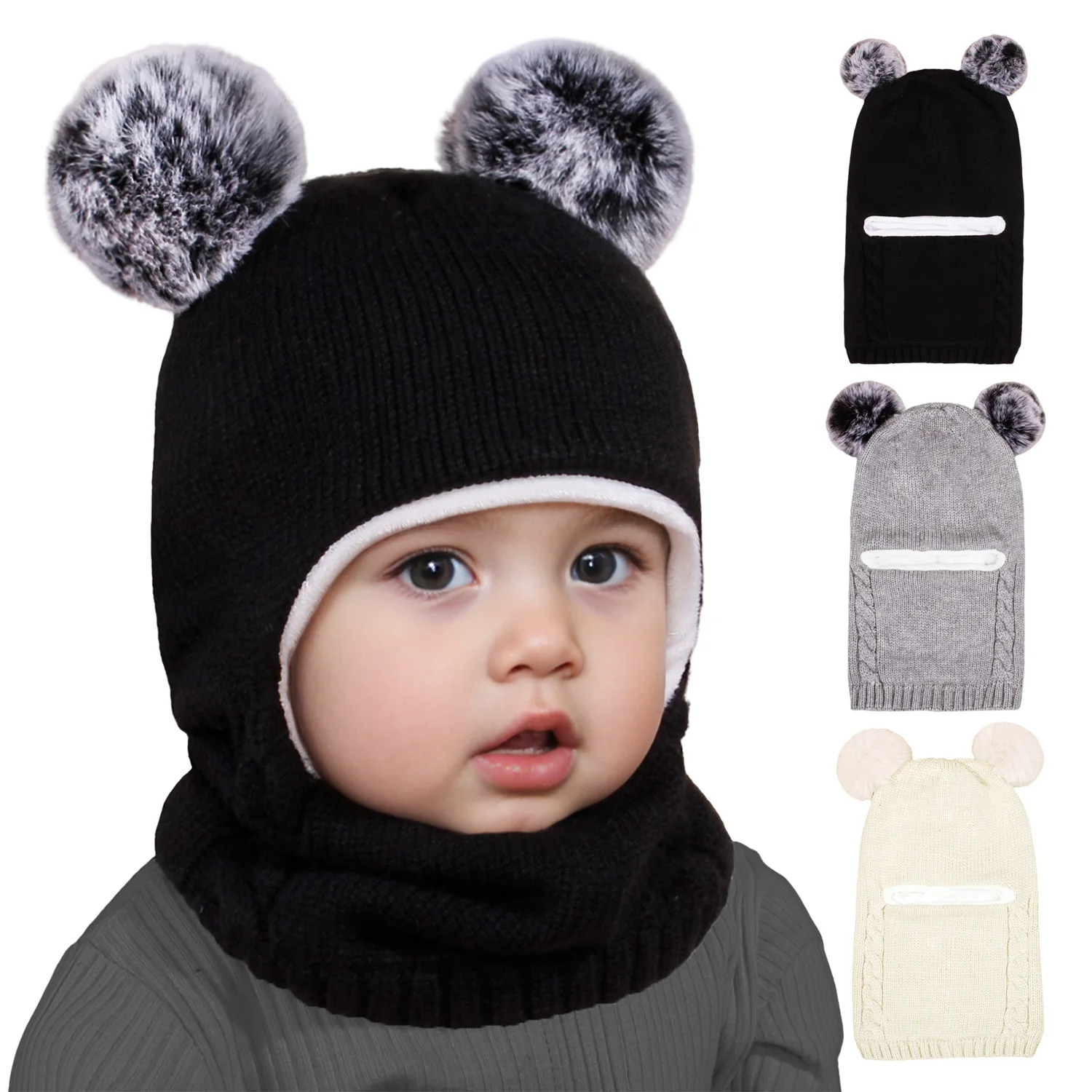 Breathable Warm Hats Two Ball Ear Protection Caps Autumn and Winter Baby Knitted Hat Windproof Head Full Face Neck Cover
