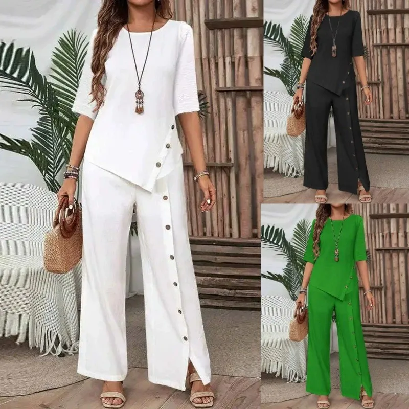 

Casual round neck irregular button half sleeved shirt+slit button pants 2025 spring/summer women's fashion comfort two-piece set