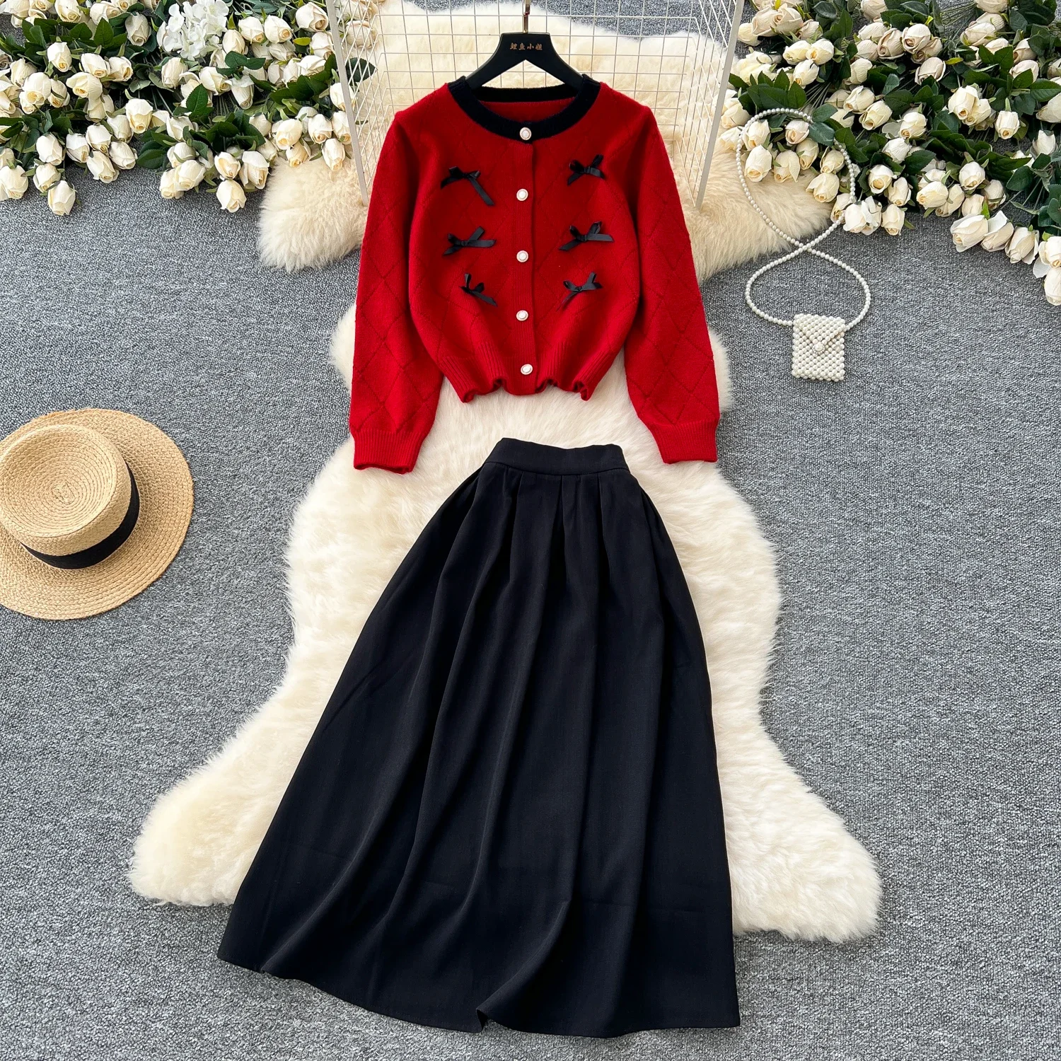 Chic Women Two-Piece Sets Vintage O-neck Single Breasted Butterfly Knit Top High Waist Skirt Korean Winter High Street Clothing