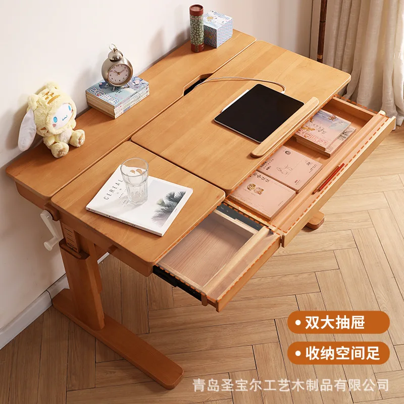 Children's study table, desk, hand-cranked liftable, all solid wood home writing , chairs, beech multi-functional homework