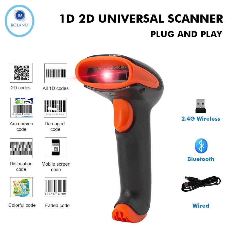 Bolan U6 Wired Barcode Scanner Bluetooth Barcode Scanners Handheld QR Portable Scanner For Retail Store Supermarket Cashier