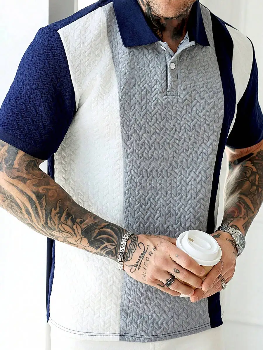 

Men's Colorblock Textured Short Sleeve Polo Shirt with Button Placket