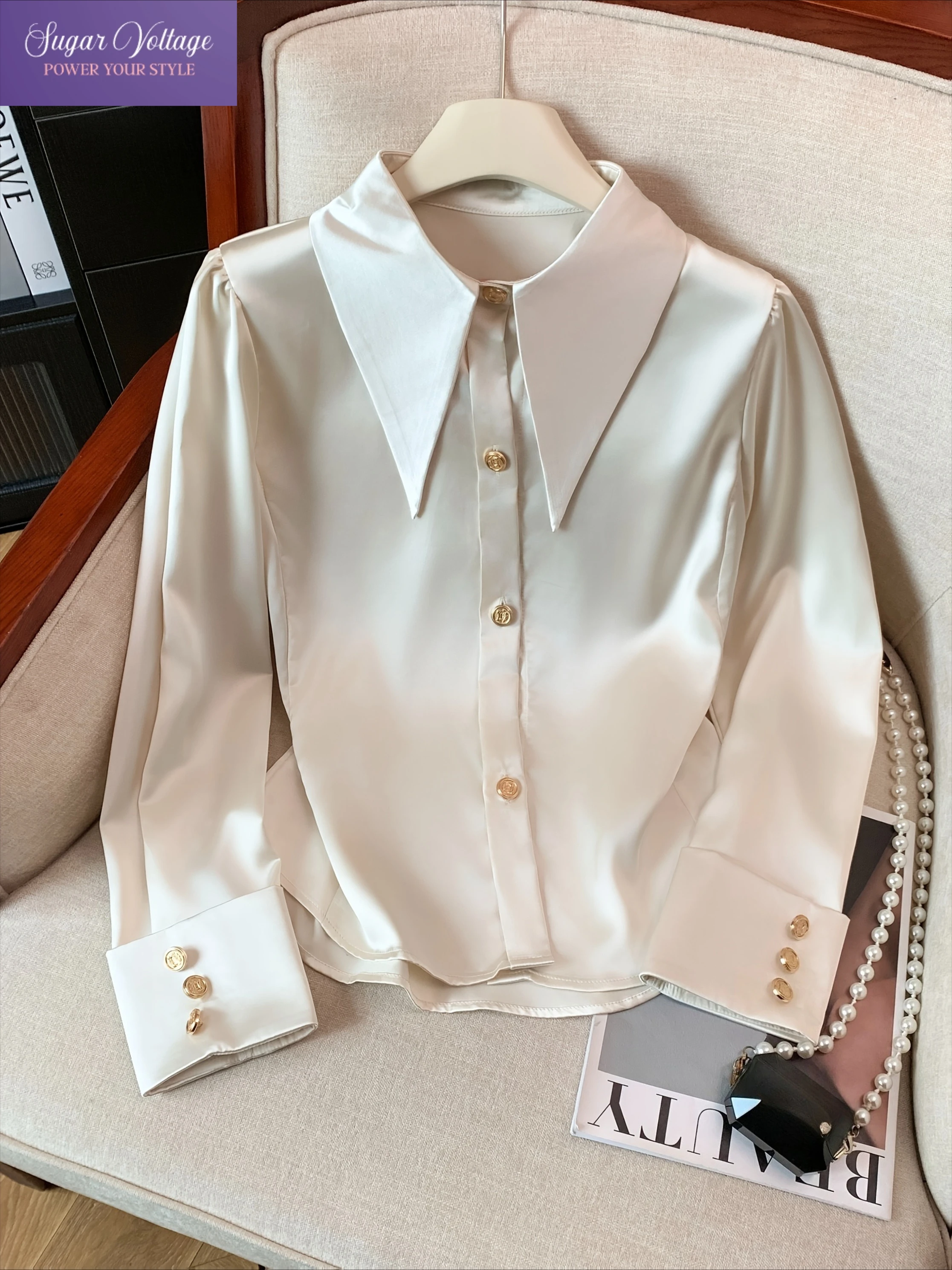 

French Retro Satin Blouse Women Elegant Turn down Collar Long Sleeve Shirt Gold Button Slim Fit Noble Lady Chic Office Tops New
