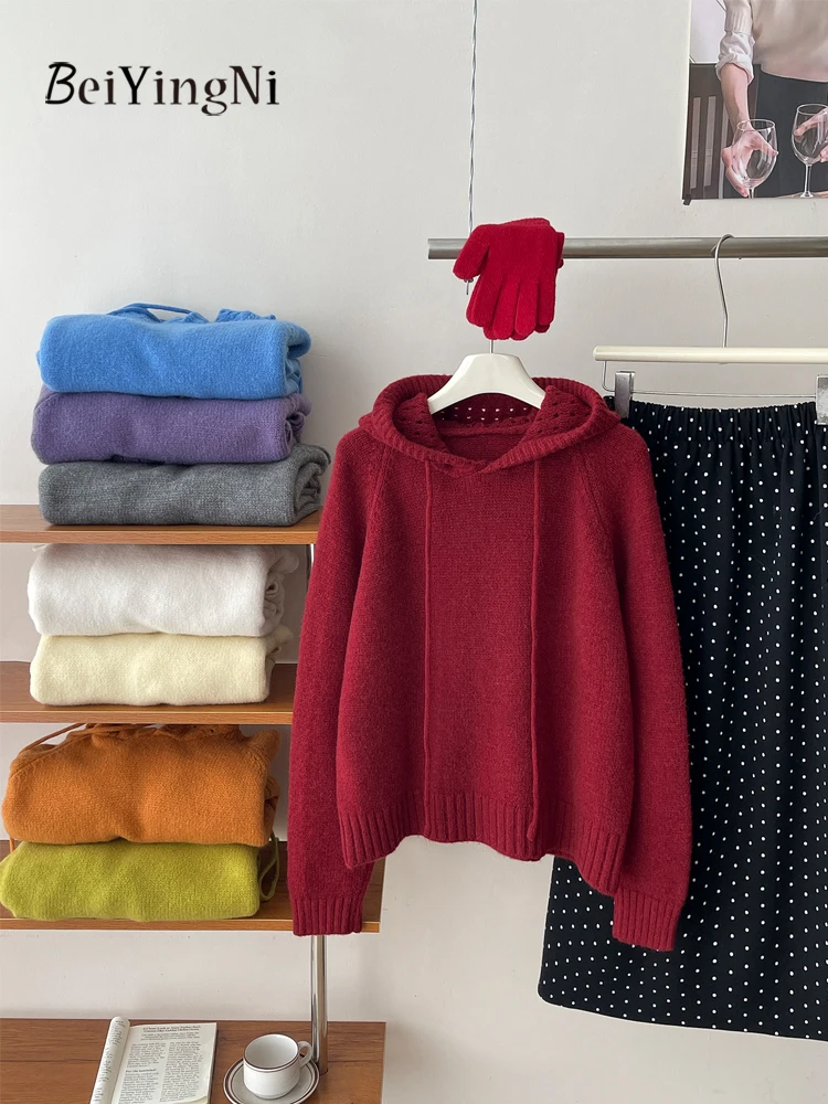 

Beiyingni женский свитер с капюшоном, корейский осенне-зимний трикотаж, женский свободный мягкий джемпер, повседневный модный однотонный шикарный пуловер