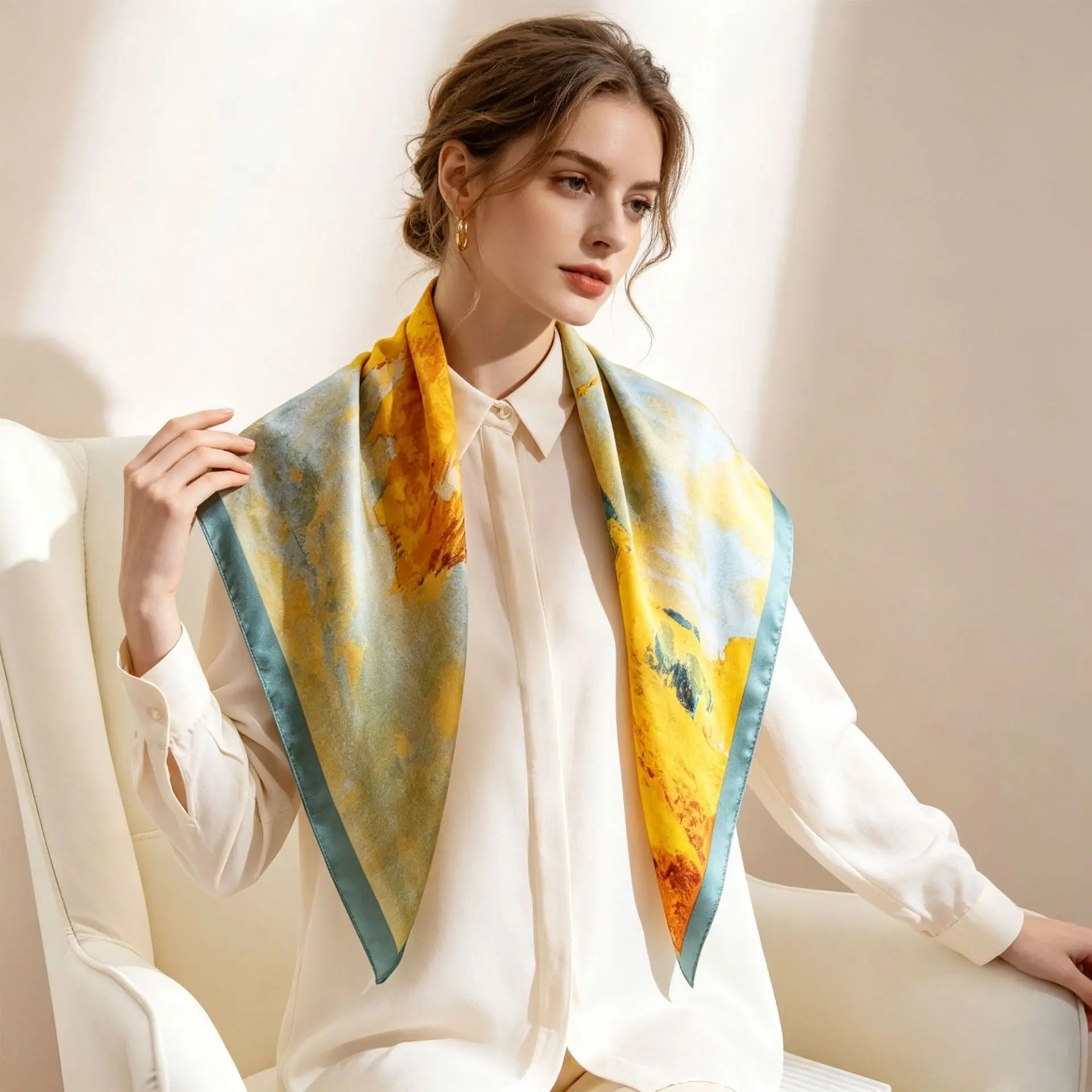 Fresh and Elegant Flower 70 Square Scarf Imitation Silk Scarf Headscarf Printed Neck Protection Scarf Professional Scarf