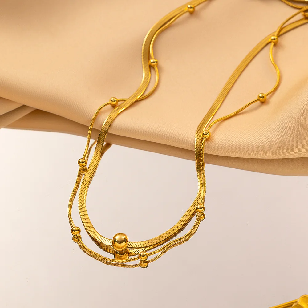 Fashion Snake Chain Gold Color Multi-layer Necklace Bracelet with Beads for Women Party Daily Wear Gifts