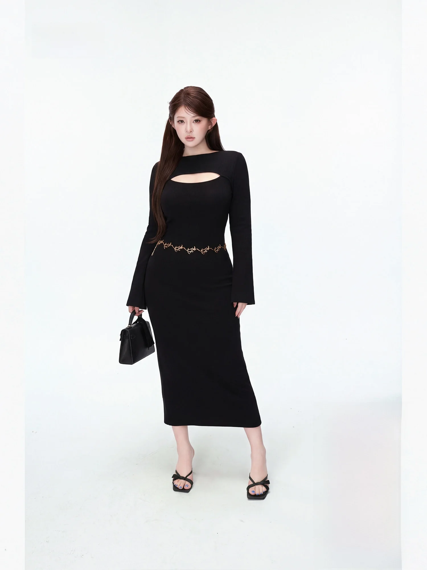 

Elegant Knitted Black Hollow out Dress Women's plus Size Waist Cinched Bell Sleeve Long Gown New Style Casual Fashion Dress