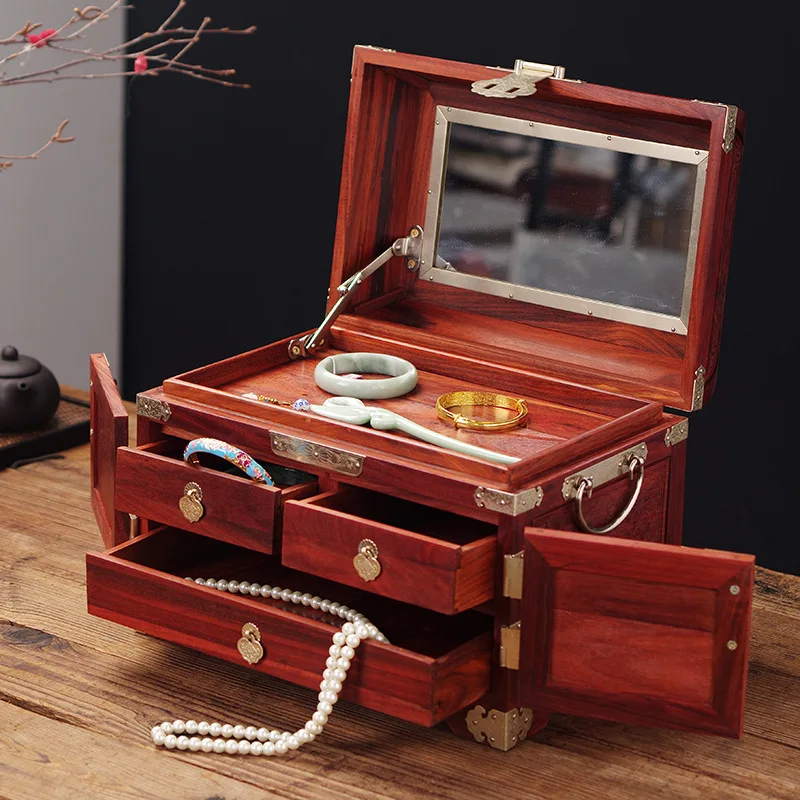Luxury Sandalwood Jewelry Storage Box Double Layer Vintage Wood Rosewood Jewelry Box Storage Organizer Case with Lock Mirror