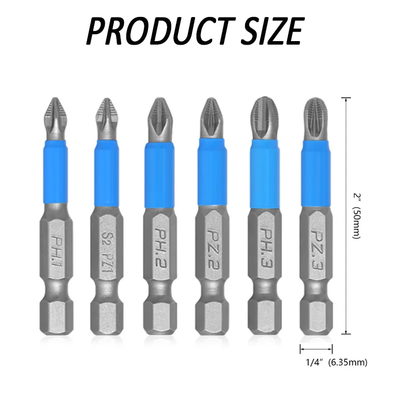 Bits Set For Electric Screwdriver Impact Anti Non-slip Magnetic Cross Tip PH1/PH2/PH3/PZ1/PZ2/PZ3 50mm Professional Hand Tools