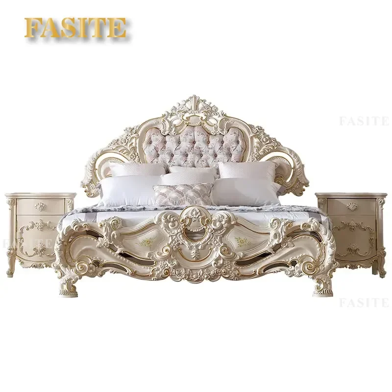 Latest Wooden Furniture Designs Hand Carving Fabric Upholstered Headboard king Size Bed