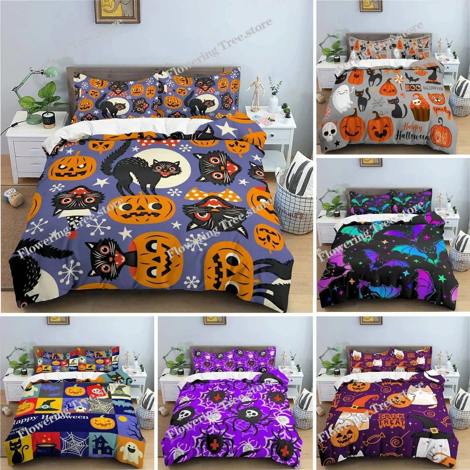 

3D Skull Bedding Set Halloween Bats Duvet Cover Skull Polyester Comforter Cover Set Double King Queen Kids Polyester Quilt Cover
