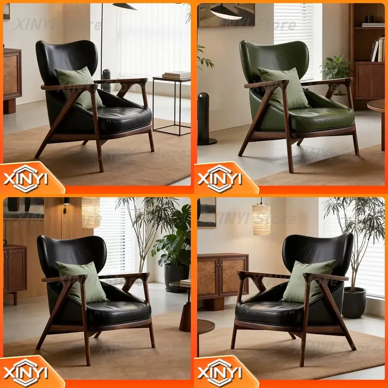 Medieval Single Solid Wood Sofa Chair for Living Room B & B Reception High-End Designer Retro Leather Leisure Back Chair