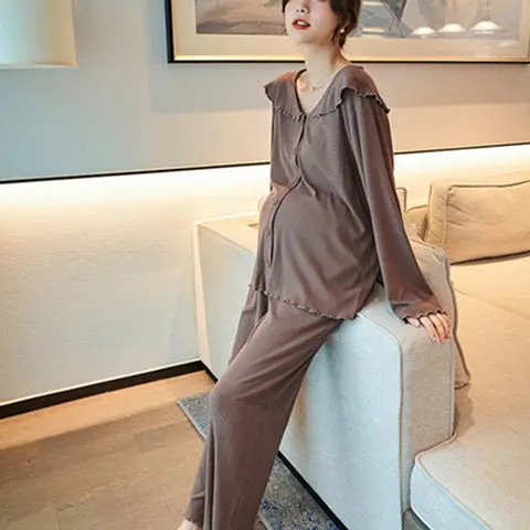 

2024 Confinement Spring Autumn Postpartum Pajamas for Pregnant Women Plus Size Breastfeeding Pregnancy Maternity Home Suits 2PCS