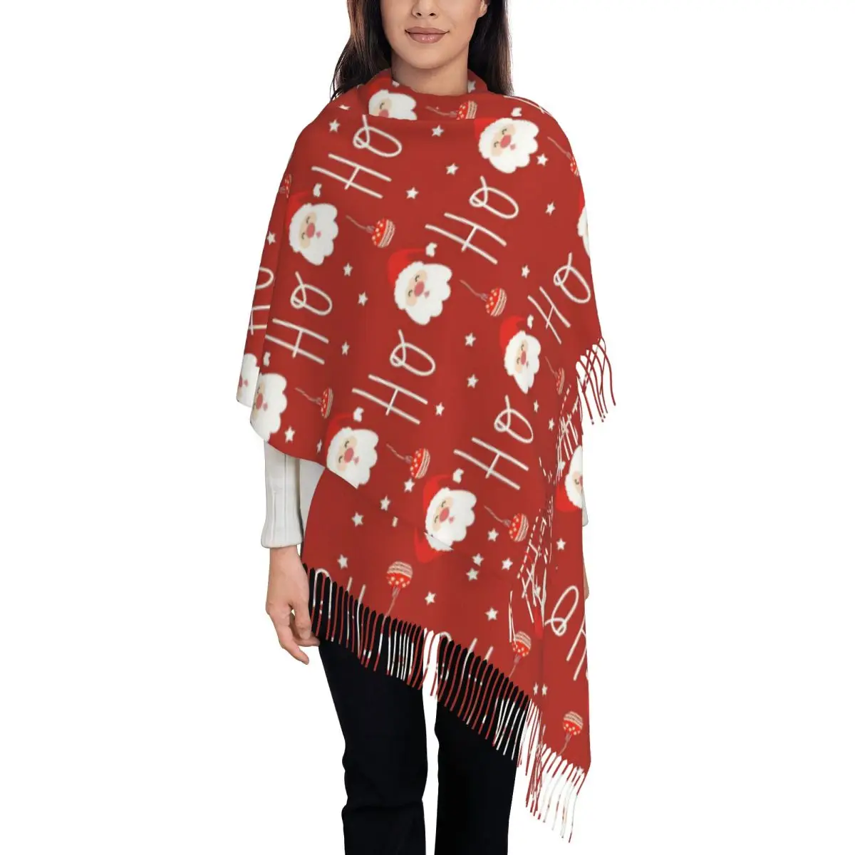 Christmas Santa Claus Ho Scarf for Women Winter Fall Pashmina Shawls and Wrap New Year Single-sided Pattern Shawl Scarf Ladies