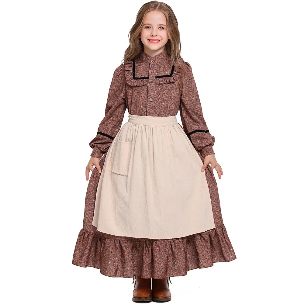 Costume colonial américain historique pour filles de 4 à 14 ans, robe médiévale victorienne à fleurs marron