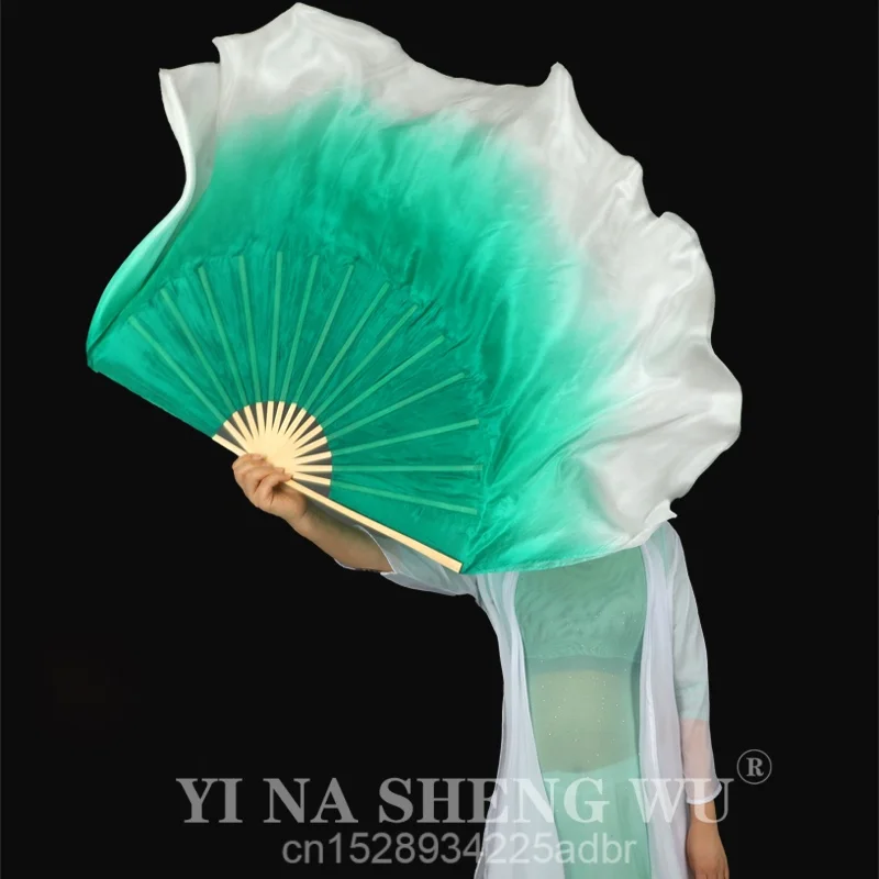 1 par de dos capas de velo doble 100% abanico plegable de bambú de seda Real accesorios de espectáculo de danza del vientre medio círculo de seda verde menta