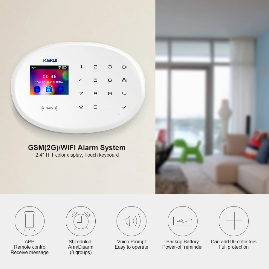 KERUI W20 Alarm System Home Security WIFI GSM Home Wireless APP Remote Control 2.4 Inch Screen Burglar Alarm with Motion Sensor