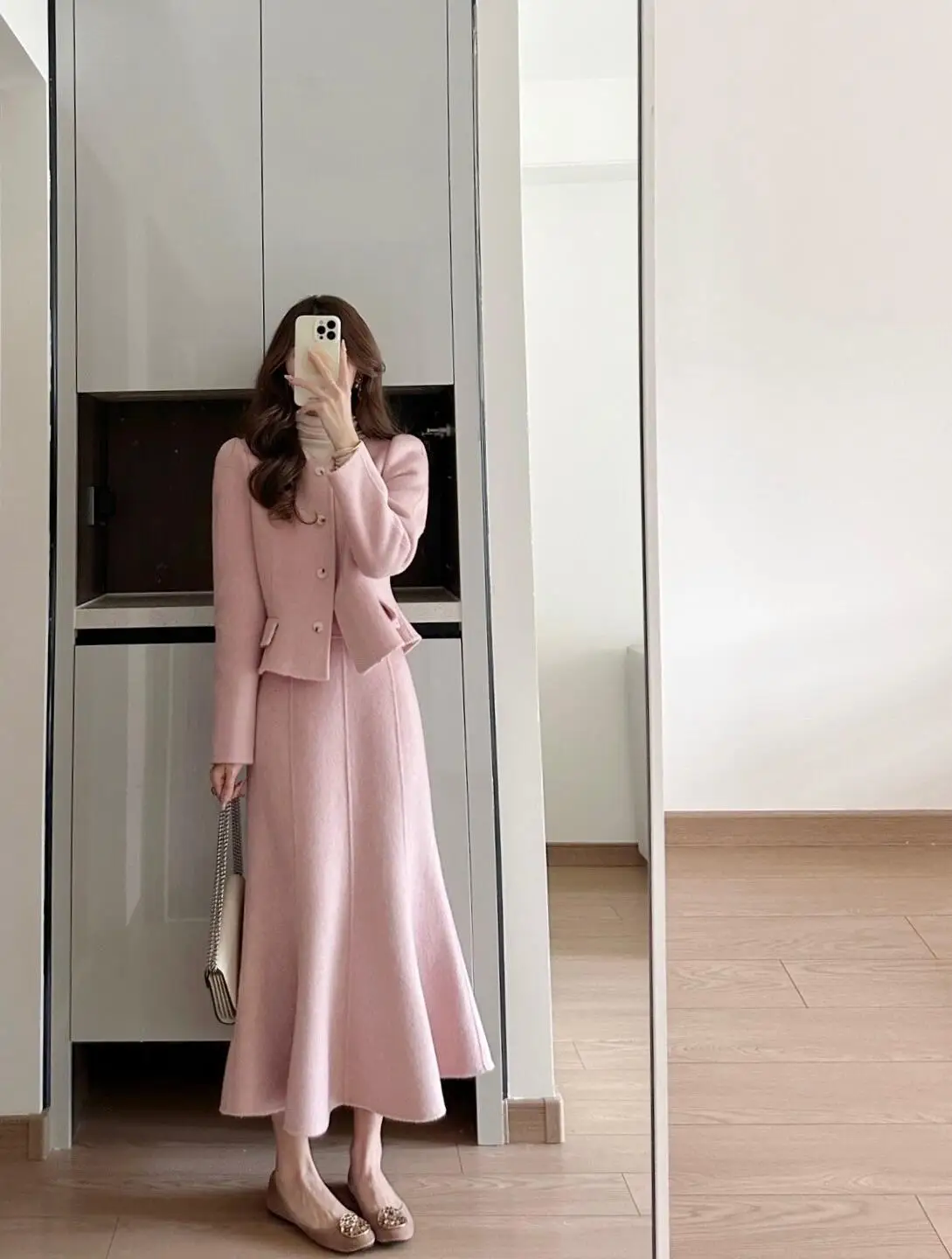 Temperament frauen Set Herbst/Winter Neue Stil Kleine Duftende Rosa Abnehmen Top Halb Rock Zwei Stück Set