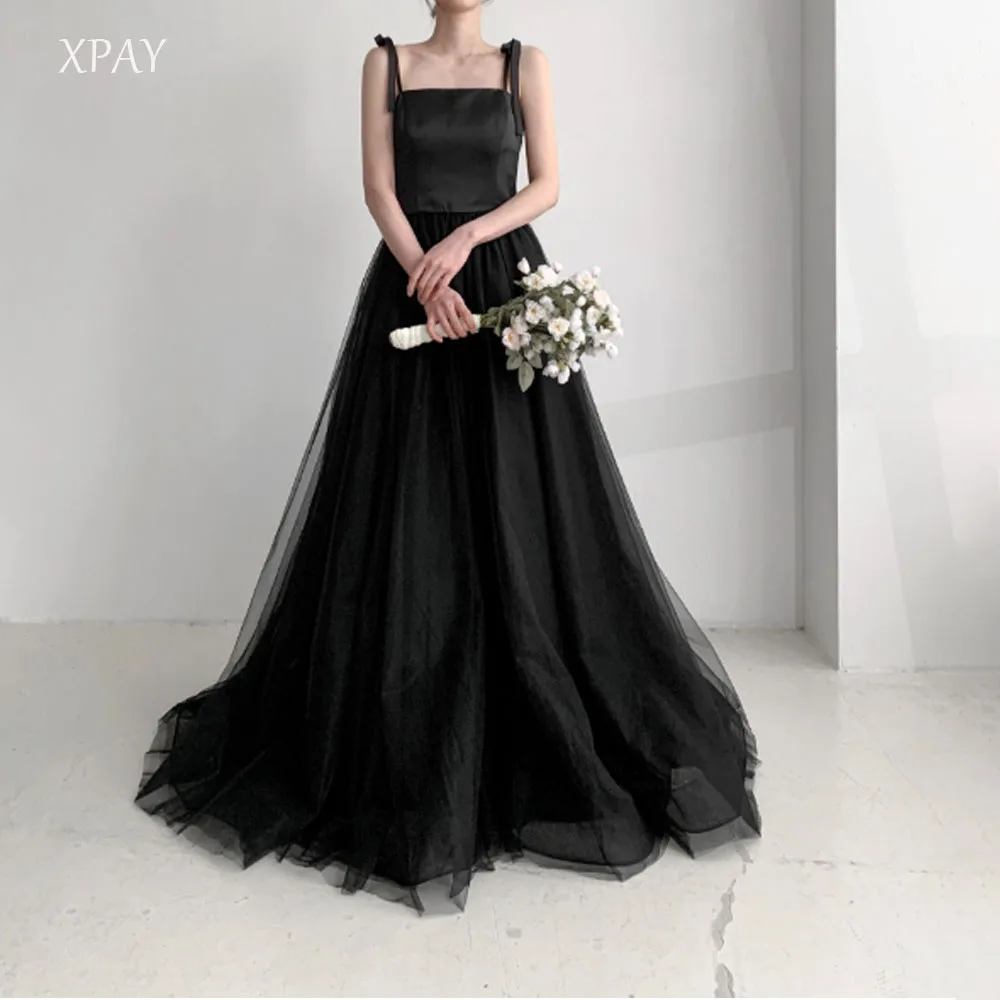 

XPAY Simple Spaghetti Strap Black Evening Party Dresses Sleeveless Prom Gown Photo Shooting Dress A-line Customized 웨딩드레스