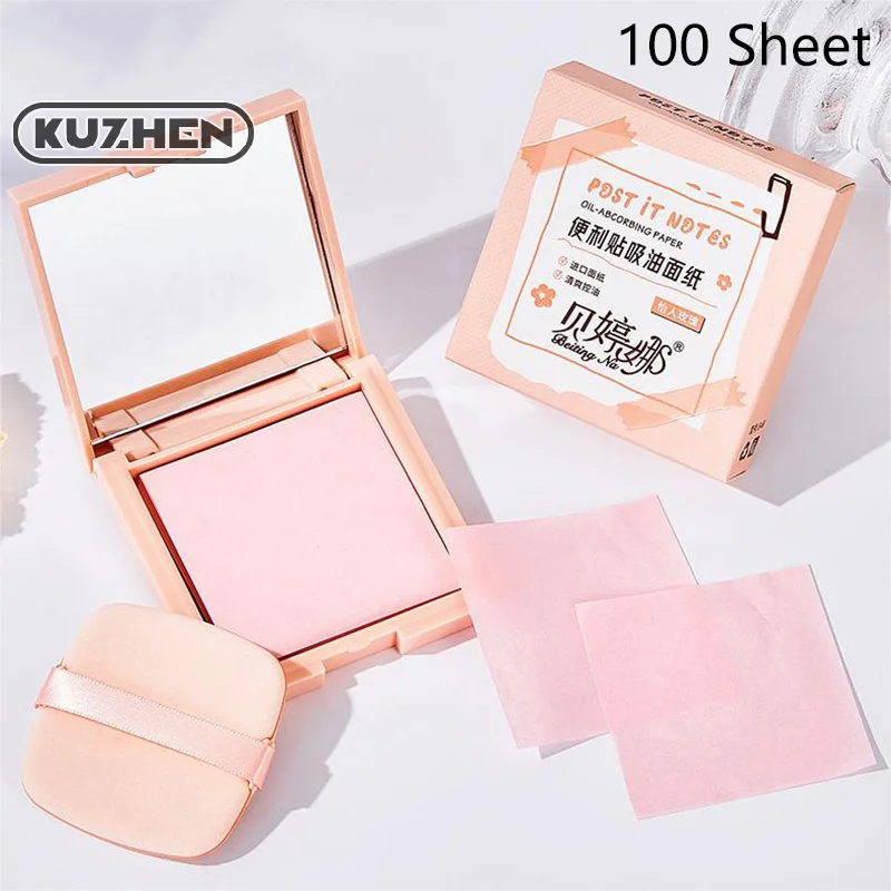 100Sheets/Box Bamboo Blotting Papers With Mirror&Makeup Puff Refreshing Portables Oil Control Tool Facial Oil Absorbing Sheets