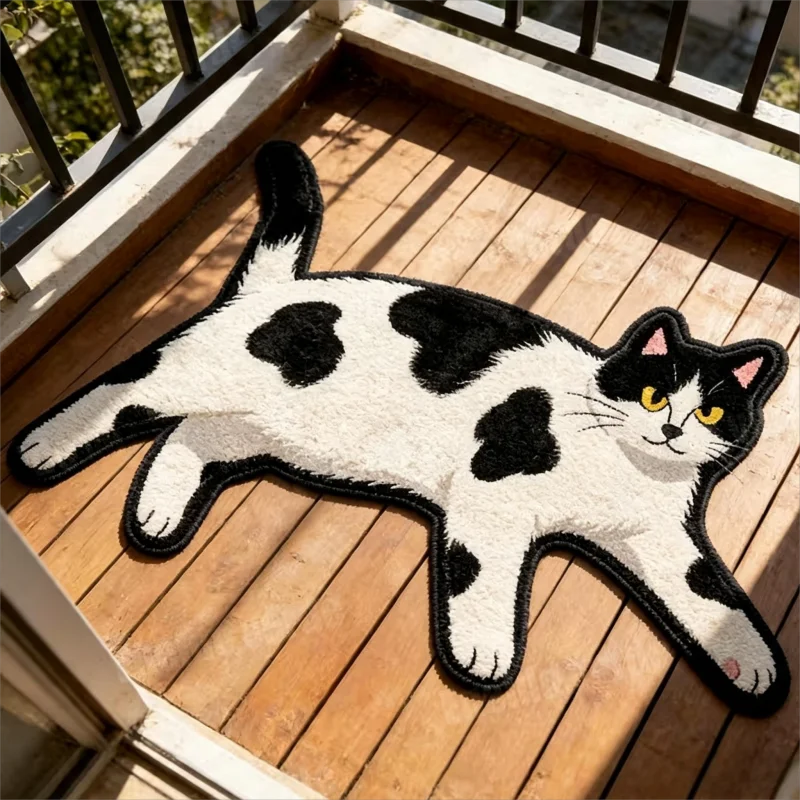 VIKAMA Lazy Stretch Tuxedo Cat Irregular Plush Rug Soft Non Slip Bedside Living Room Pet Room Balcony Rug Home Decor
