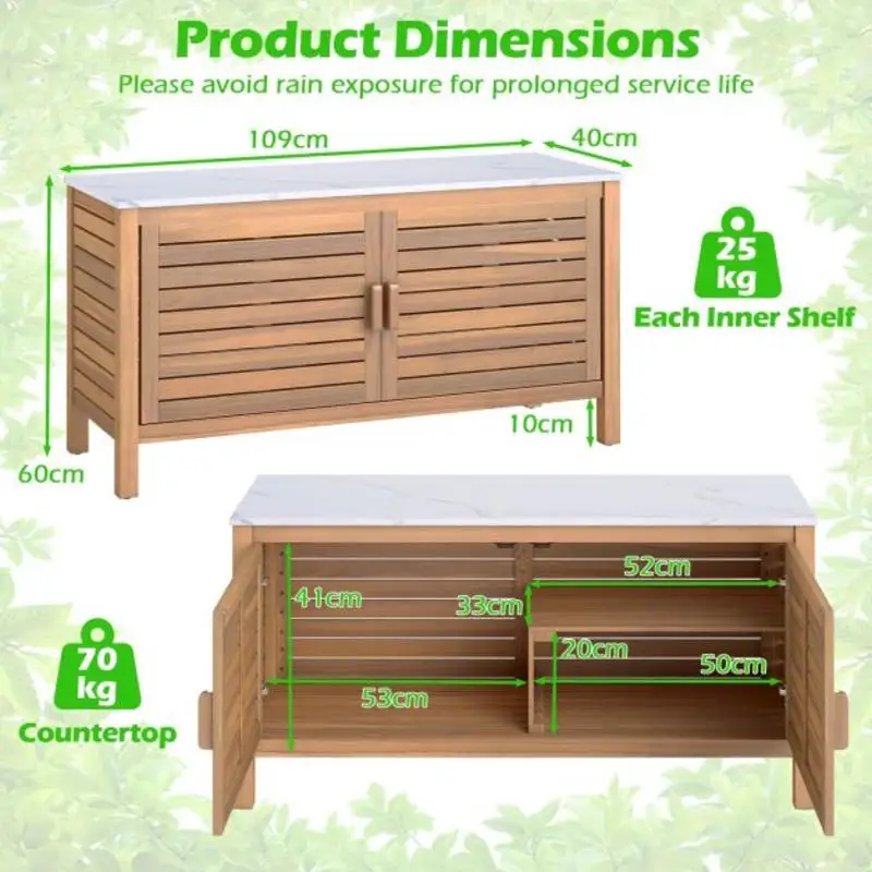 

Patio Storage Cabinet 2-Door Acacia Wood Storage Container with Faux Marble Top