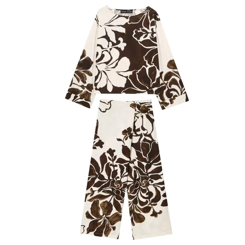 

KONDALA женский праздничный комплект брюк с принтом, топ с длинным рукавом и круглым вырезом с цветочным принтом, длинные брюки, весна-осень 2021, модный шикарный повседневный женский комплект