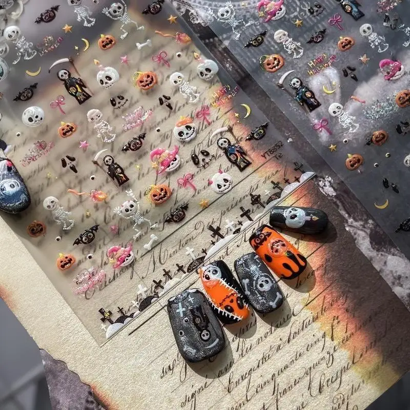 Glänzende Happy-Halloween-Nagelaufkleber, niedliche Skelett-, Geister-, Kürbis-, Fledermaus-, Gothic-Kreuz-, Stern-, Mond- und Schleifen-Aufkleber, Maniküre-DIY-Zubehör – Detail 8
