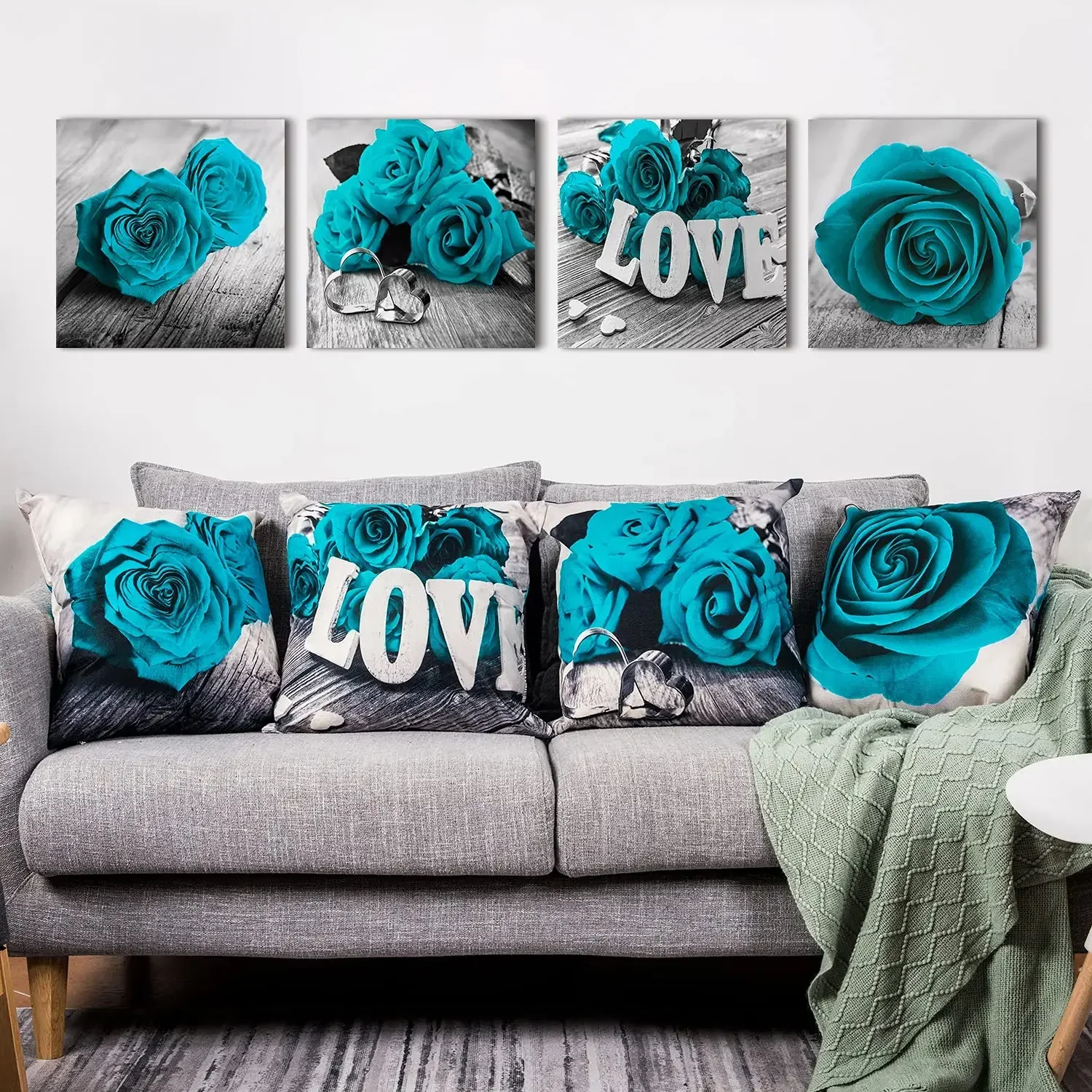 Light Blue Rose Linen Pillowcase 40*40 Living Room Sofa Cushion Cover 60*60 Home Decoration Pillowcase Valentine's Day Gift