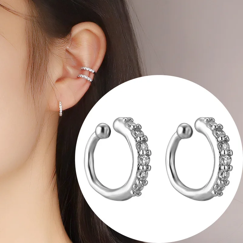 New Simple Inlaid Zircon Circle Earrings For Women Silver Color No Piercing Fake Cartilage Ear Clip Party Jewelry Accessories