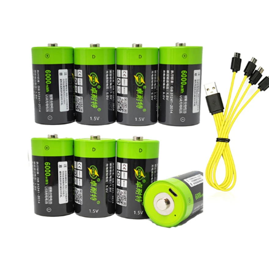 1.5V 6000mWh rechargeable battery Micro USB battery D Lipo LR20 lithium polymer battery fast charging via Micro USB cable