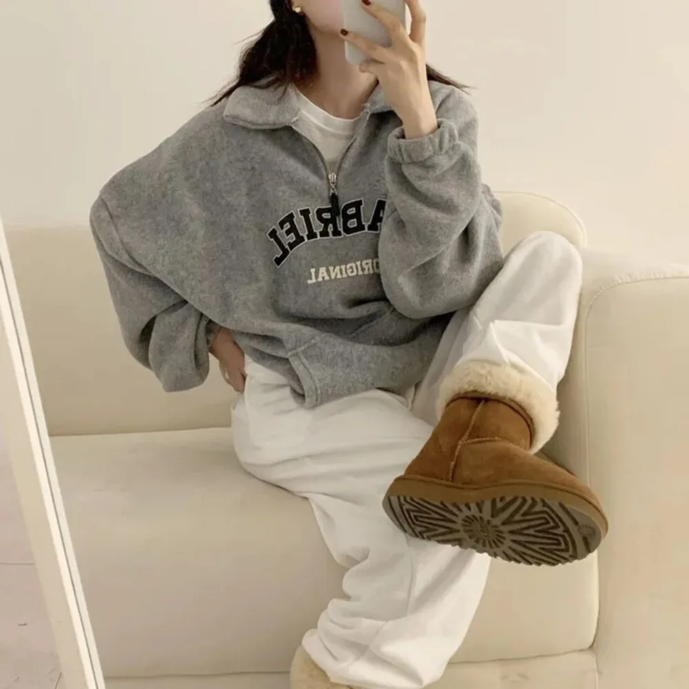 

Корейская шикарная осенне-зимняя ниша в ленивом стиле с воротником-поло на молнии, свободная толстая толстовка с буквами для женщин