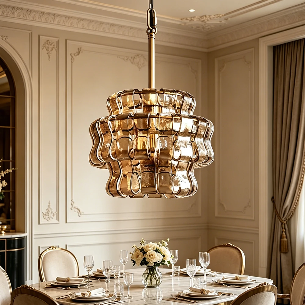 Modern Gold Glass Pendant Light Luxury Wave Textured Hanging Lamp for Living Room Bedroom Home Decor