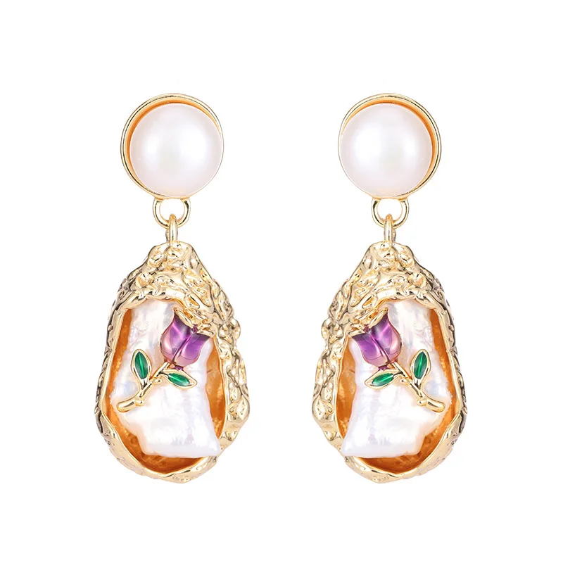 أقراط على شكل زهرة من اللؤلؤ الطبيعي، أزياء باروكية قديمة، أقراط أنيقة ورائعة s925 أقراط إبرة فضية على شكل وردة