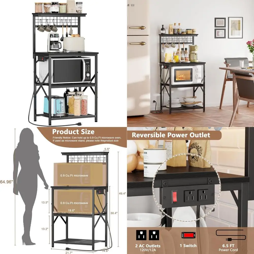 

Microwave Stand with 4 Tiers, Kitchen Baker's Rack, Storage Shelf with 6 Hooks, Spice and Pot Rack, Black