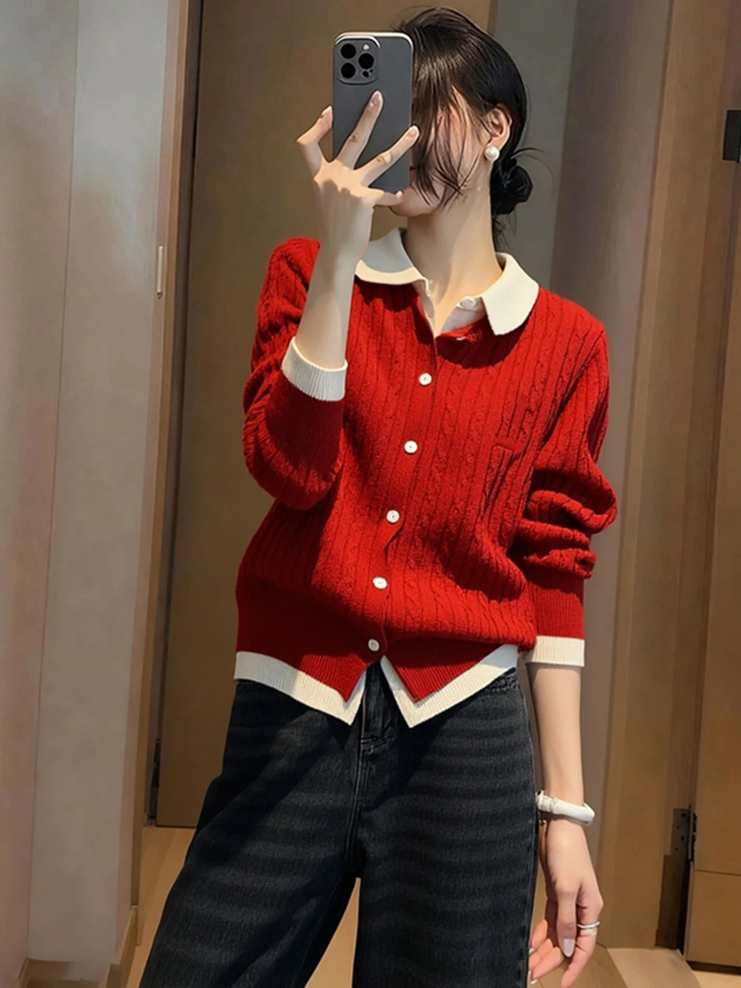 

Красный вязаный свитер Cisas с длинными рукавами, базовая модель, вишнево-красный, зимняя одежда, европейский элитный бренд, для повседневной носки, корейский стиль, размер L