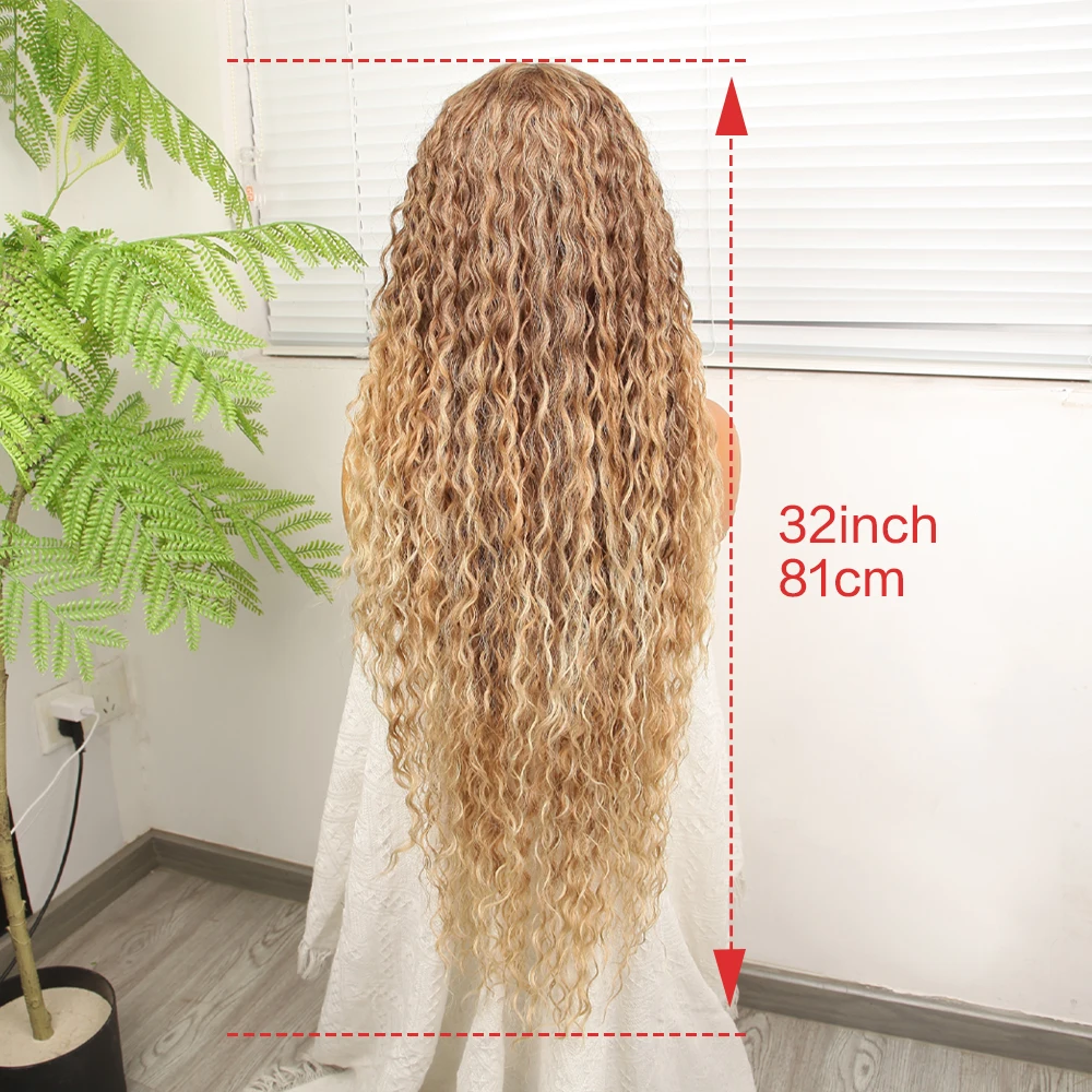 13*4.5 Lace Front Pruiken 180 Dichtheid Synthetische Pruik hittebestendige vezel 32 inch Lang Krullend Pruik Lichtbruin