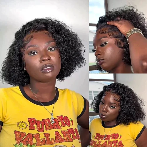 Imagen 2 del producto 200% densidad Jerry rizado peluca corta Bob pelucas de cabello humano Bob onda profunda 13x4 HD peluca con cierre de encaje peluca de cabello humano peluca rizada profunda