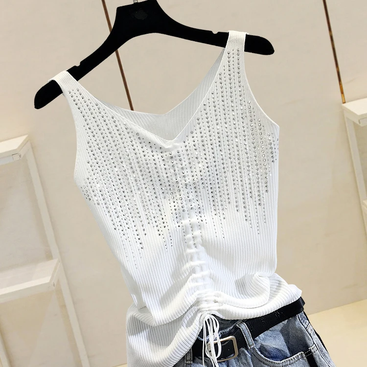 Summer New Fashion Camisole Tanks T Shirts Women Heavy-duty Ironing and Drilling Knitting Tops Y2k Top