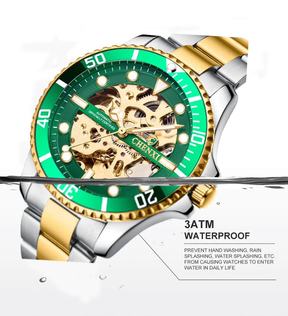 CHENXI-Reloj clásico para hombre, pulsera mecánica automática con esfera giratoria, color verde, esqueleto dorado de lujo, de imitación