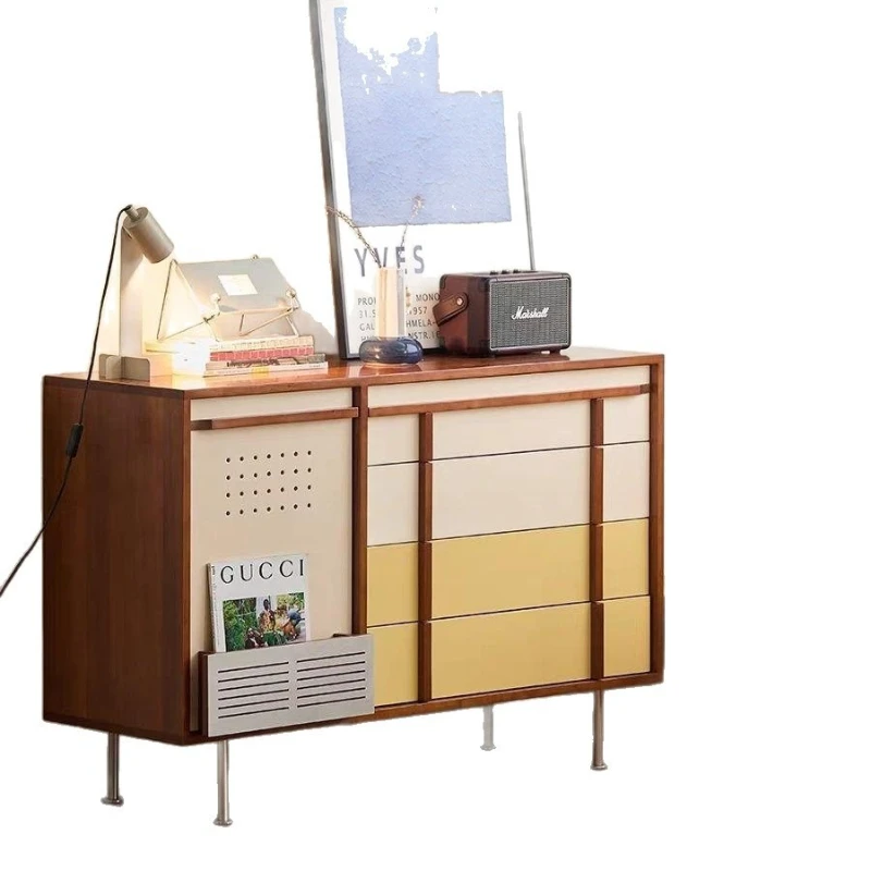 Medieval solid wood living room side cabinet bedroom storage small apartment contrasting color drawer cabinet