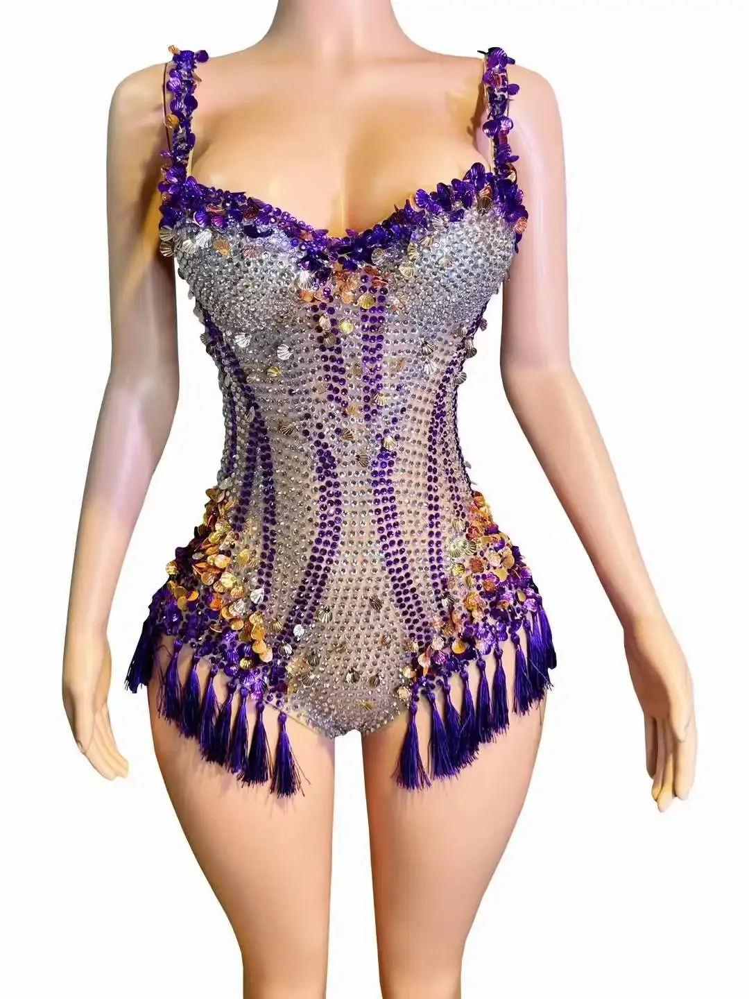 

Women Sparkly Hot Drilling Fringe Rhinestone Club Night Stage Bodysuits Performance Celebrity Birthday Queen Costume