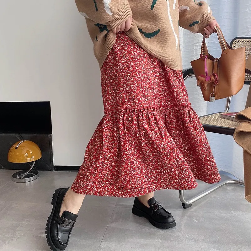 

Vogana Original Winter Floral f Skirt Elastic Waist Floing Warm Mid-Length Skirt Korean Sle Commute Flower Pattern