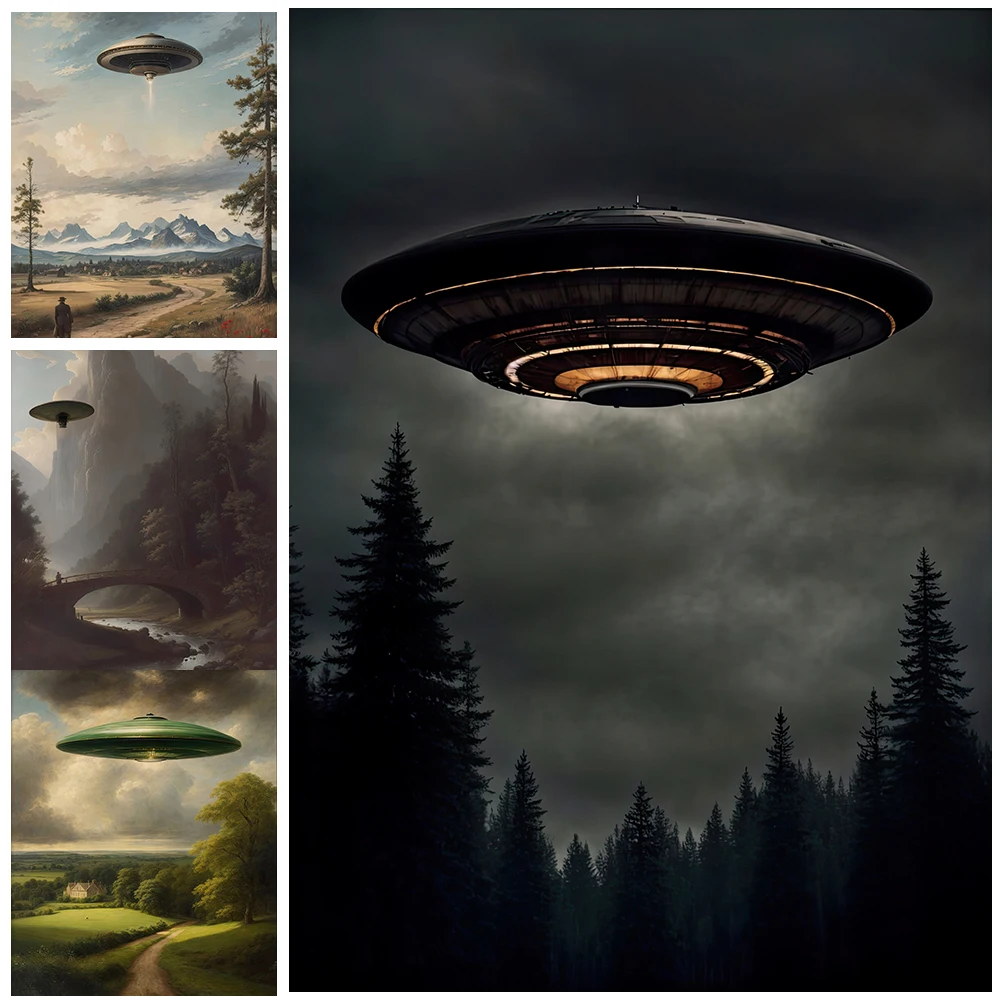 

Alien Spaceship Vintage Wall Art Moody UFO Canvas Painting 1950S Atomic UFO Art Poster And Print For Living Room Decor Unframed