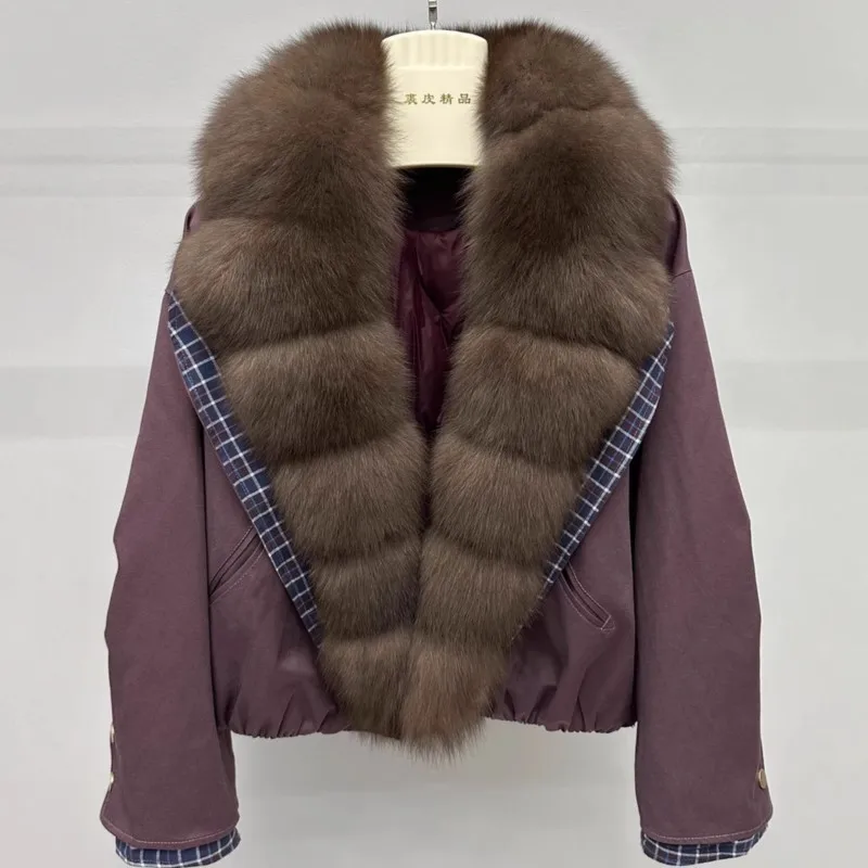 

2025 new down jacket women's fashion short fur coat fox fur collar plaid winter