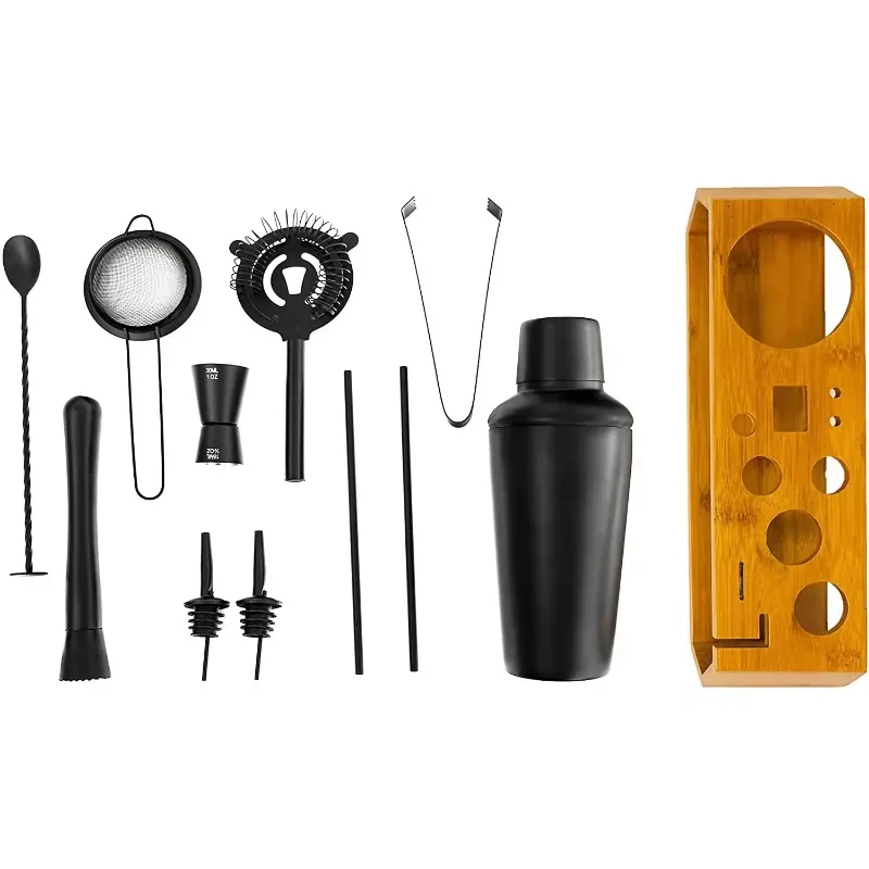 12Pcs Matte Black Stainless Steel Mixology Bartender Kit With Display Stand Boston Cocktail Shaker Full Mix Tools For Modern Hom