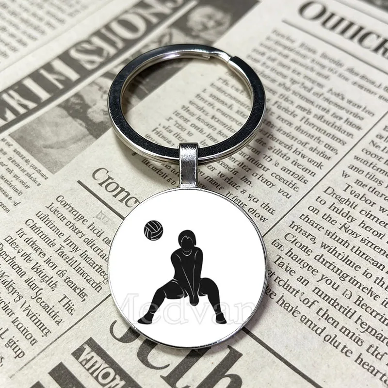 Trendy Volleyball Sports Themed Glass Keychain Clear I Love Volleyball Letter Print With Athlete Silhouette Pendant Key Holder