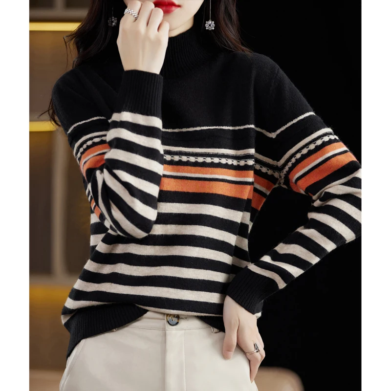 Women New Pure Wool Soft Sweater Half-high Collar Color Strip Pullover Autumn Winter Casual Versatile Knit Base Shirt Warm Top